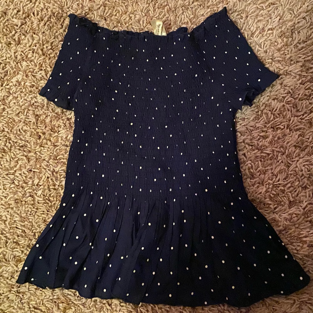 Ruched navy blue with white polka dot top
